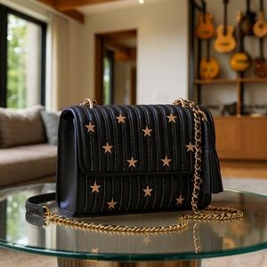 Tory Burch Fleming Gold Star Studs Navy Leather Small Convertible Shoulder Bag